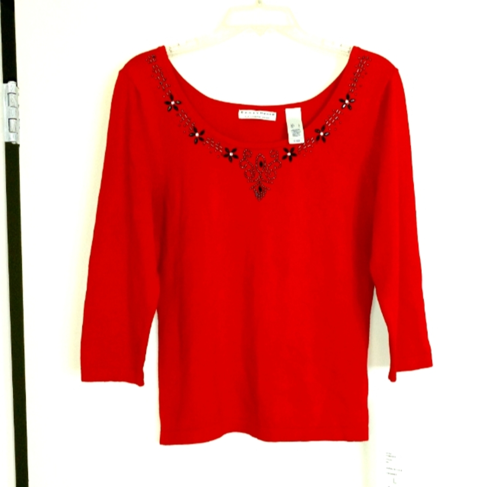 Crazy Horse red knit top with beaded embellishment size L New